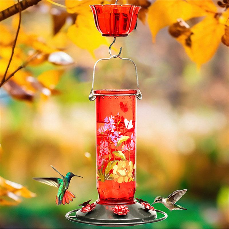 Kingsyard Round Glass Hummingbird Feeder with Flower Patterns